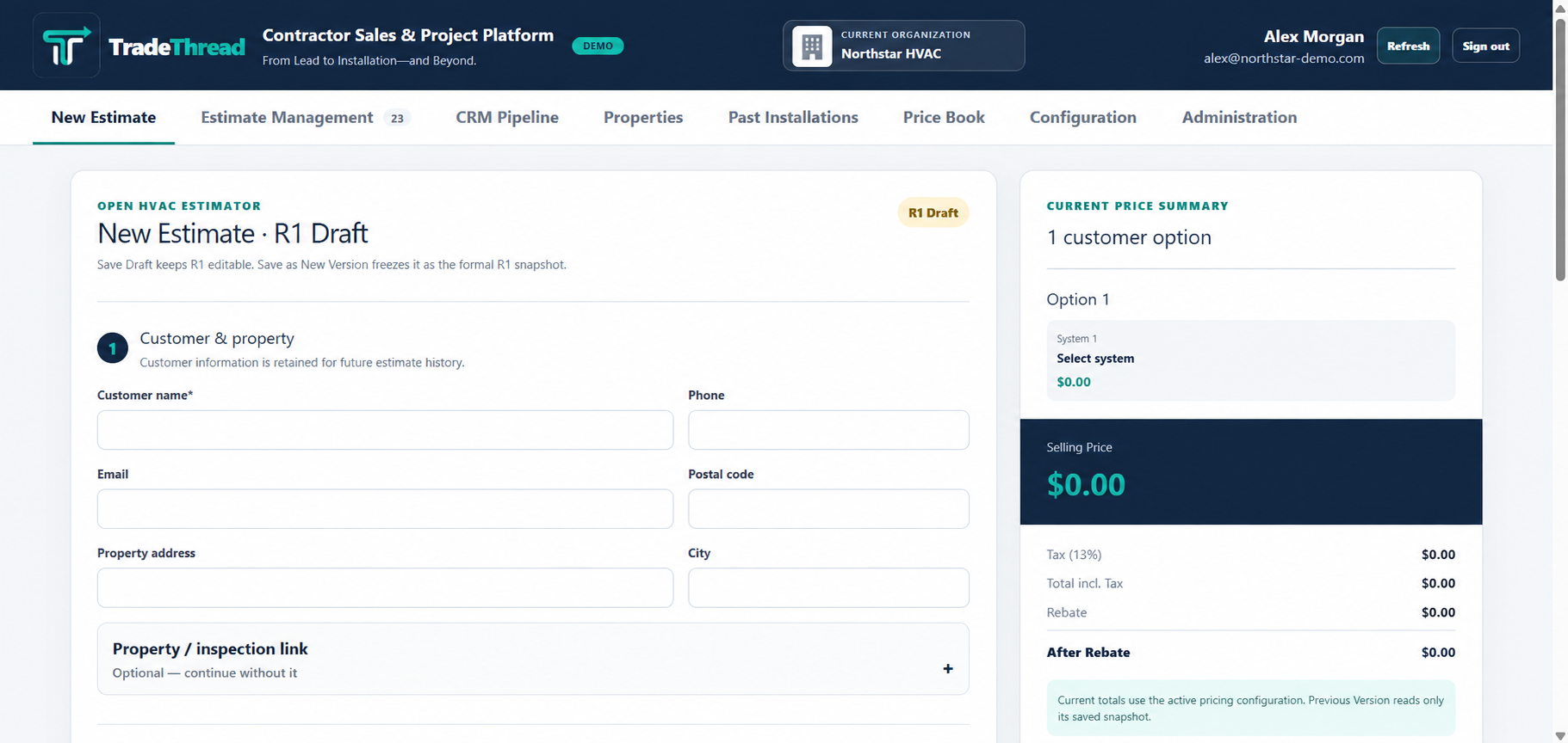 TradeThread New Estimate screen with sample data