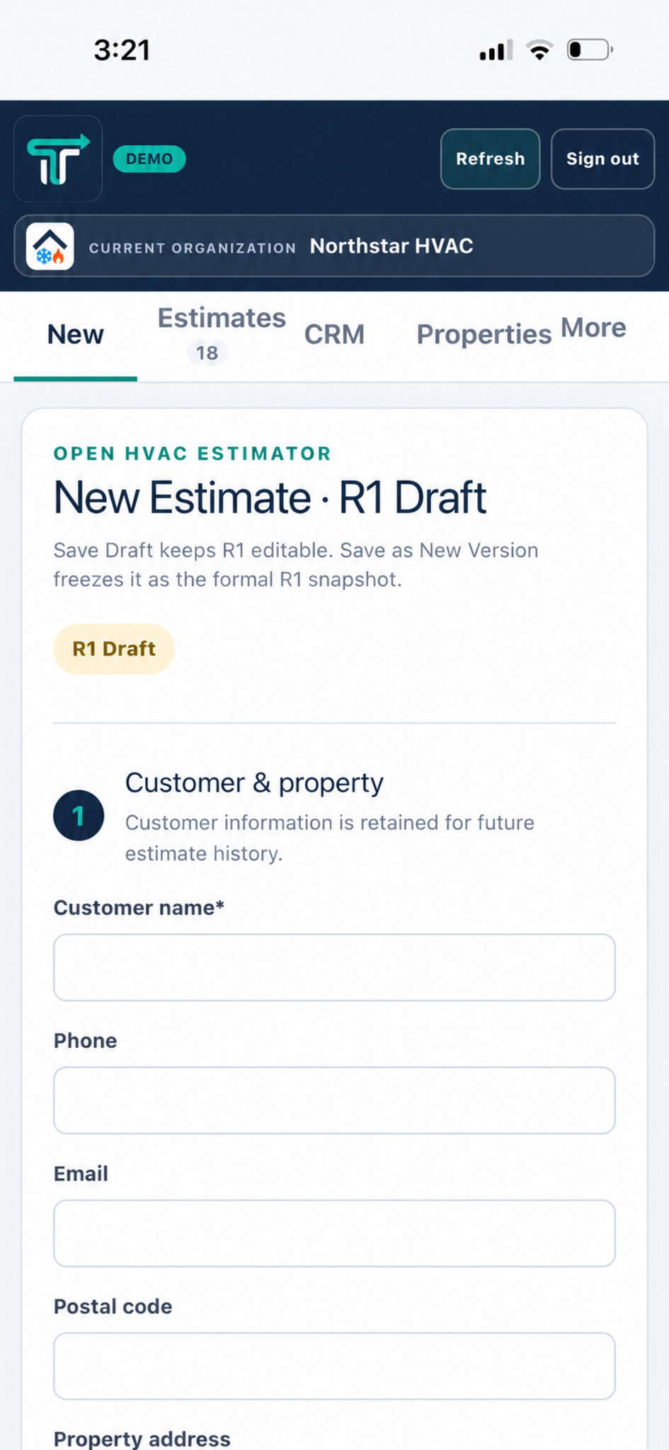 TradeThread mobile New Estimate screen using fictional sample data